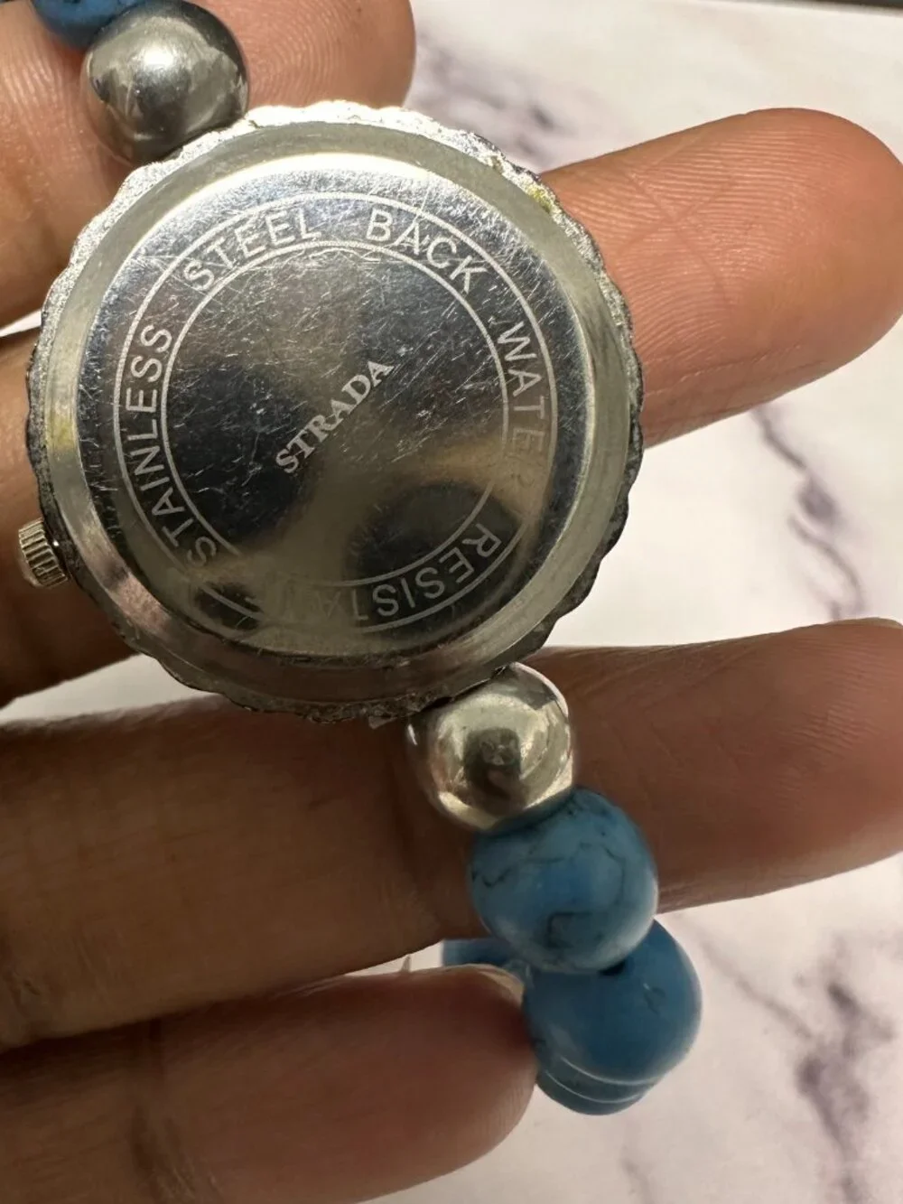 Strada Watch Women Silver Tone Blue Beaded Stretch Bracelet Band New Battery